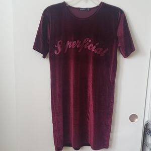 Boohoo "Superficial" Burgundy Velvet Tshirt Dress